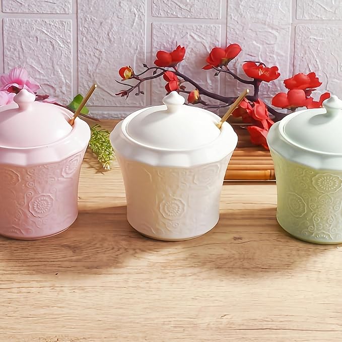 13.5oz Sugar Bowl with Lid and Spoon Pink Ceramic Sugar Creamer Container, Sugar Jar, Durable Sugar Pot for Coffee Bar Accessories, Coffee Bar Decor