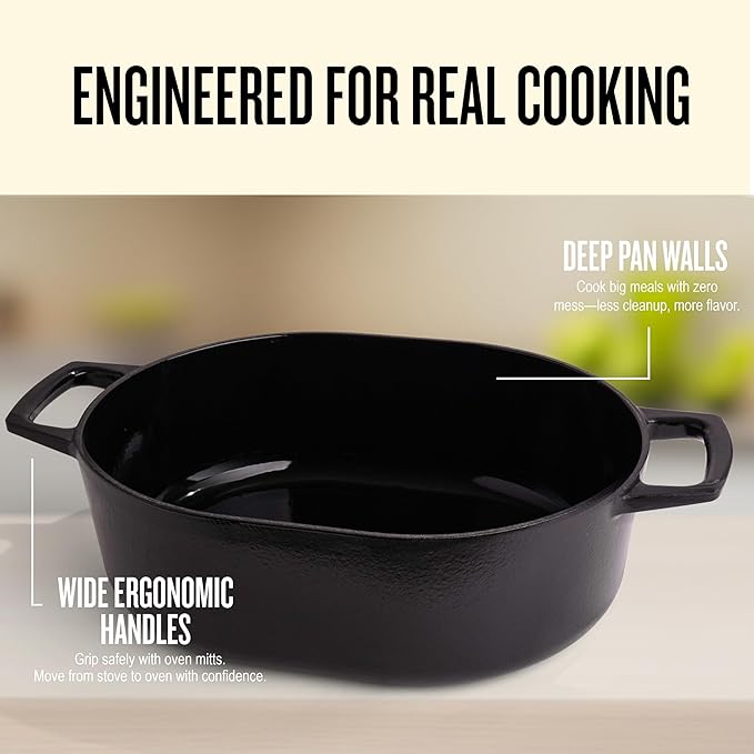 Alva Nori 5-Qt Enameled Cast Iron Round Dutch Oven – Made With No PTFE/PFOA/PFAS, Oven & Induction Safe – 3-Layer Enamel, No Seasoning Needed – Durable, Easy-Clean Cookware for Healthy Cooking, Black