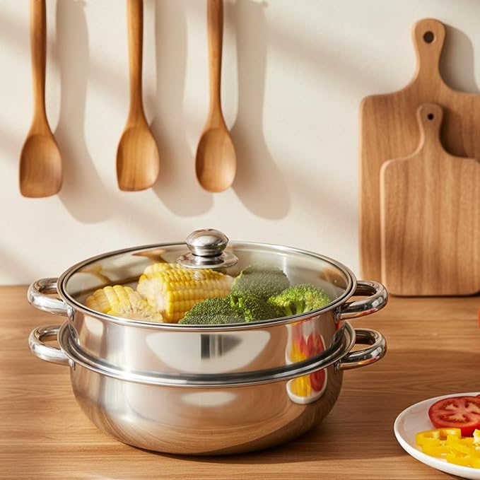 ZENFUN Steamer Pot With Lid 2 Tier, Multipurpose Stainless Steel Steaming Pot, Steam Pots With Handle For Vegetable, Dumpling, Food, 11 Inch(Thickened)