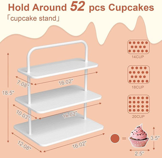Cupcake Stand, 3-Tier Dessert Stand for 52 Cupcakes, Wood & Metal Tower Display Premium Holder Dessert Tree Tower for Christmas Birthday Weddings Party Decor, Serving Tray, White