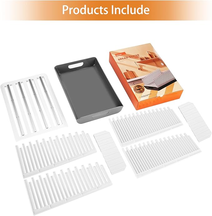 Bread Slicer Guide for Homemade Bread with 304 Stainless Steel Sheet and Storage Tray、3-Slice Thickness,Adjustable Width for Cake、Bagels、Toast.