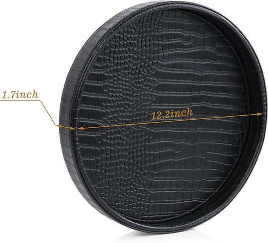 HofferRuffer Faux Leather Round Serving Tray, Vegan Croco Leather Decorative Tray, Food Tray for Storage Drinks, Snack & Cosmetics, Dia.12'' x 1.6'' (Black)