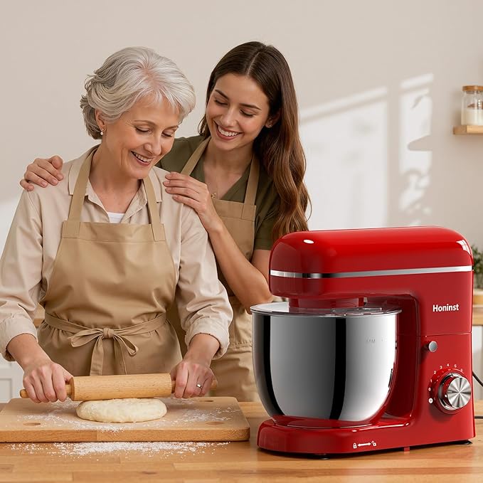 Honinst Stand Mixer, 3-In-1 8-Speed 660W 6.5QT Tilt-Head Food Electric Mixers with Bowl, Dough Hook, Whisk and Beater, Kitchen Mixer for Baking, Cake and Most Home Cooks, Red