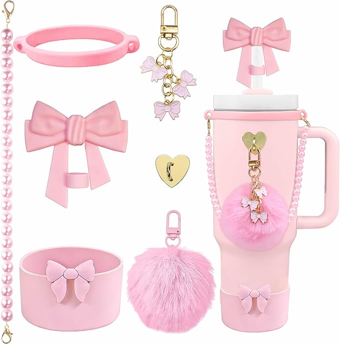 Accessories Set Including Water Bottle Handle Strap, Silicone Boot, Resin Butterfly Straw Cover, Straw Topper, Lip Balm Sleeve, Butterfly & Hairball Charms for Stanley Cup Tumbler