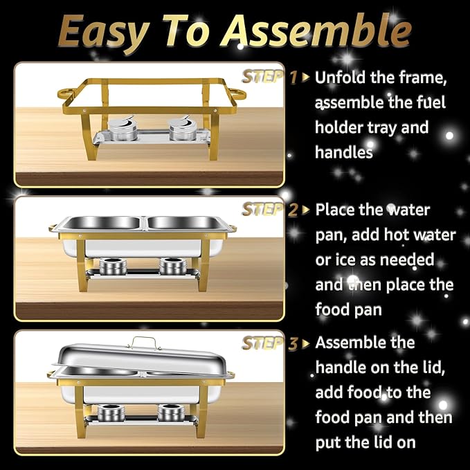 8QT Chafing Dishes for Buffet 2 Pack Golden Food Warmer with Half Size Food Pans, Chafing Dish Buffet Set with Stackable Design Less Storage Space for Party, Wedding