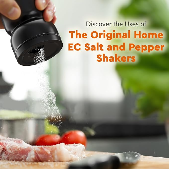 HOME EC Original Salt and Pepper Shakers Set with Adjustable Pour Holes - Black Salt Shaker and Pepper Shaker - Farmhouse Spice dispenser for salts, Ground peppercorn and spices