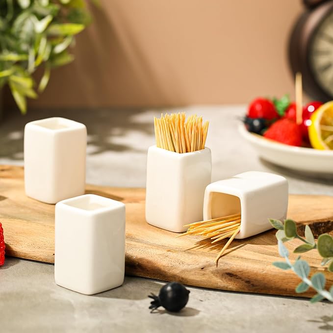 Mimorou 4 Pcs White Ceramic Toothpick Holder Simple Ceramic Toothpick Dispenser Container for Home Kitchen Charcuterie Board, Easy to Clean