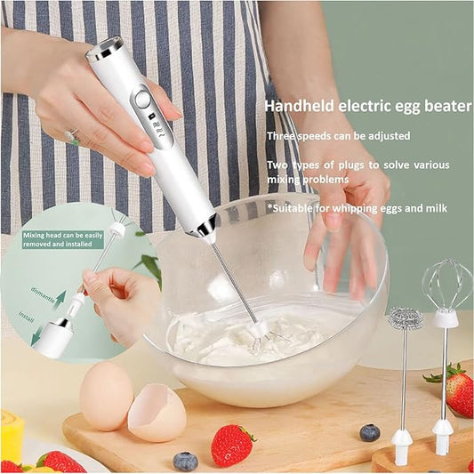 JrundMsoxz Rechargeable Milk Frother - 3-Speed Electric Handheld Coffee Mixer With 2 Whisks and Decoration Tool, Stand-up Design for Latte, Cappuccino, Cream (White)