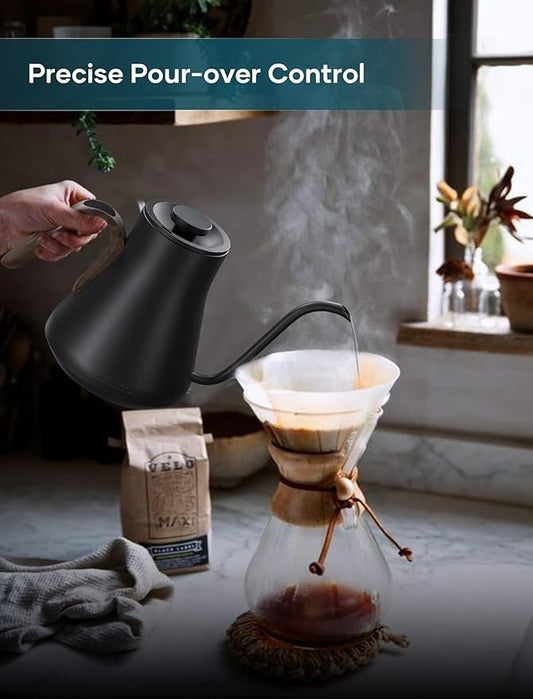 INTASTING Gooseneck Electric Kettle with ±1℉ Temperature Control for Pour Over Coffee & Tea, Quick Heating, BPA-Free Stainless Steel, Built-in Brew Timer, 1500W/0.9L (Onyx Black)
