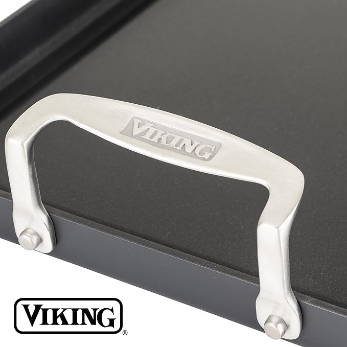 Viking Nonstick Double Burner Griddle, 19 x 11 Inch Hard Anodized Kitchen Grill Pan with Handles, Oven Safe, Works on Gas, Ceramic, and Electric Stove Top