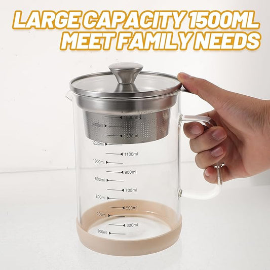 Kichvoe Glass Pitcher: Food Strainer Soy Milk Filter Teapot With Fine Mesh Filter And Lid For Milk Juice Water Tea Beverages- 1500 Ml