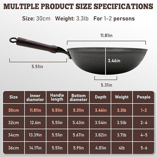 HONGJIANG Cast Iron Wok Pan, 11.8" Pre-Seasoned Flat Bottom Wok,Coating-Free Wok Stir Fry Pan With Glass Lid,Compatible Traditional Chinese Wok For Induction, Electric, Gas,Open Fire