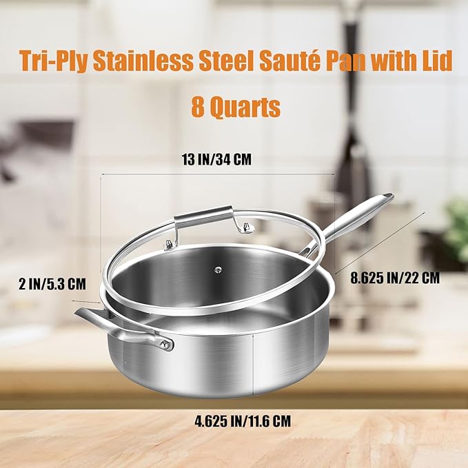 Inqibee Tri-Ply Stainless Steel 8 Quarts Sauté Pan with Lid, 13 Inch Induction Deep Frying Pan, Large Skillet,Jumbo Cooker, Dishwasher and Oven Safe,Detachable Handle.