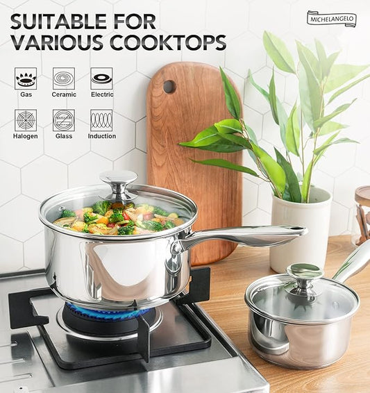 MICHELANGELO 4 Quart Saucepan with Lid, Thick Bottom Stainless Steel Saucepan with Cover, 4 QT Sauce Pot, Induction Ready & Dishwasher Safe