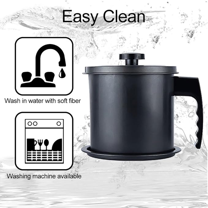 Ourokhome Bacon Grease Container with Strainer- 1.3 L or 5.2 Cup Iron Kitchen Oil Storage Can with Fine Mesh Strainer for Storing Hot Frying Oil, Fat (Black)