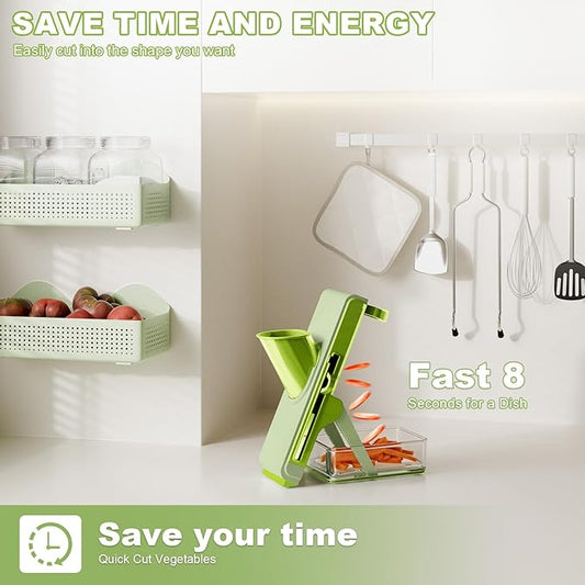 Eletronova Safe Mandoline Slicer for Kitchen, Multi Vegetable Chopper with Thickness Adjuster, Finger-Safe Food Holder, Potato/Onion/Cucumber Slicer for Fast Meal Prep, Easy Clean(Light Dark Green)