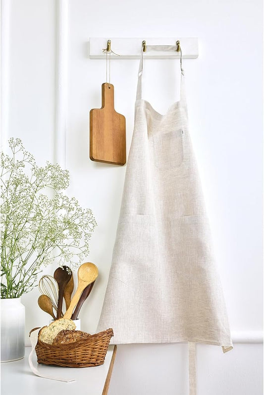 Solino Home Linen Bib Apron for Men & Women - 33 x 30 Inch Kitchen Apron with Front Pockets - Handcrafted from European Flax