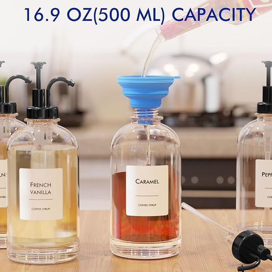16.9 oz/500 ml Coffee Syrup Dispenser Set - 4 Glass Bottles with Black Pumper and Syrup Labels - Precise Dispensing and Stylish Addition to Coffee Shop, Cafe or Home Bar
