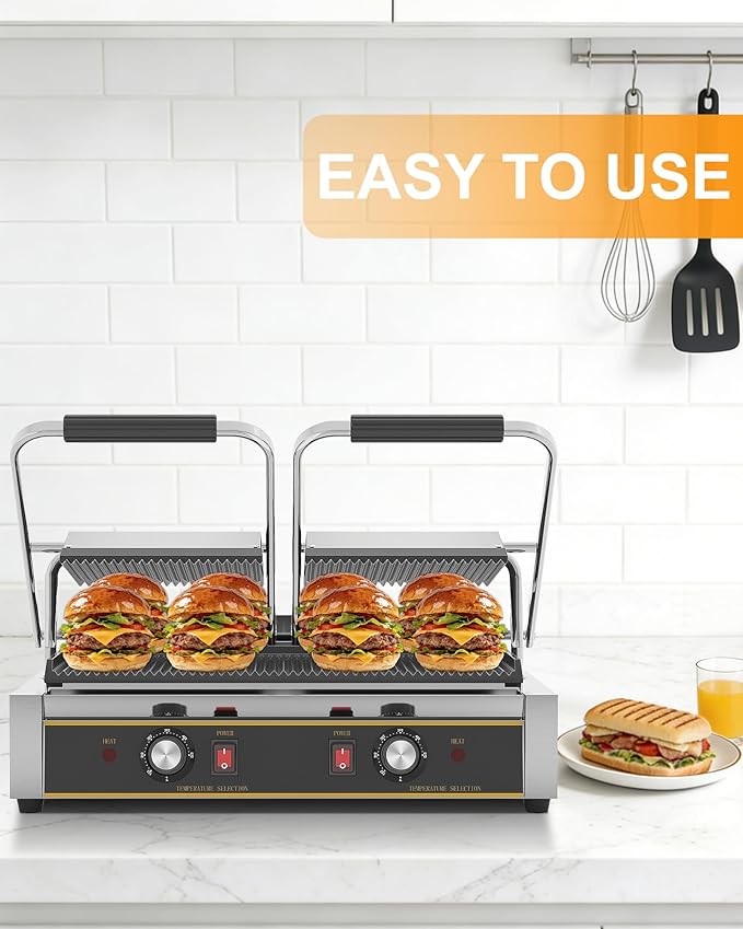 Commercial Panini Press - 3600W Commercial Electric Sandwich Maker w/Dual Independent Temp Controls, Double-Sided Heating, Panini Grill Press 19"x9" Nonstick/Grooved Plates for Panini & Sandwiches