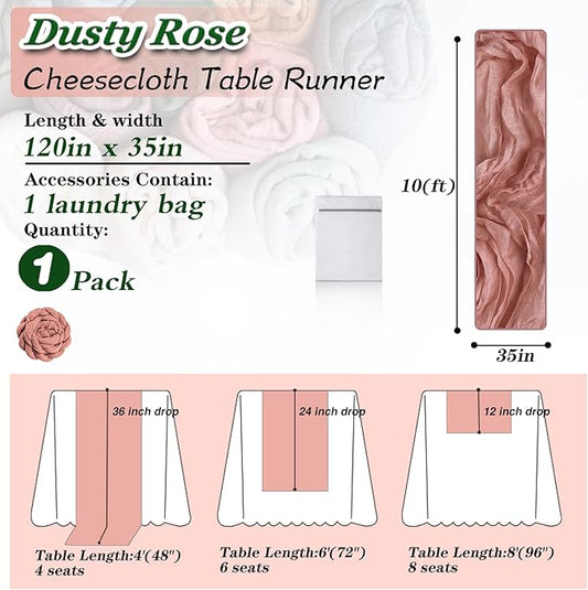 Dusty Rose Cheesecloth Table Runner 1 Pack 35" Boho Gauze 120 inches Long Runner Rustic Sheer Fabric Bulk for Baby Shower Wedding Bridal Birthday Party Table Decorations