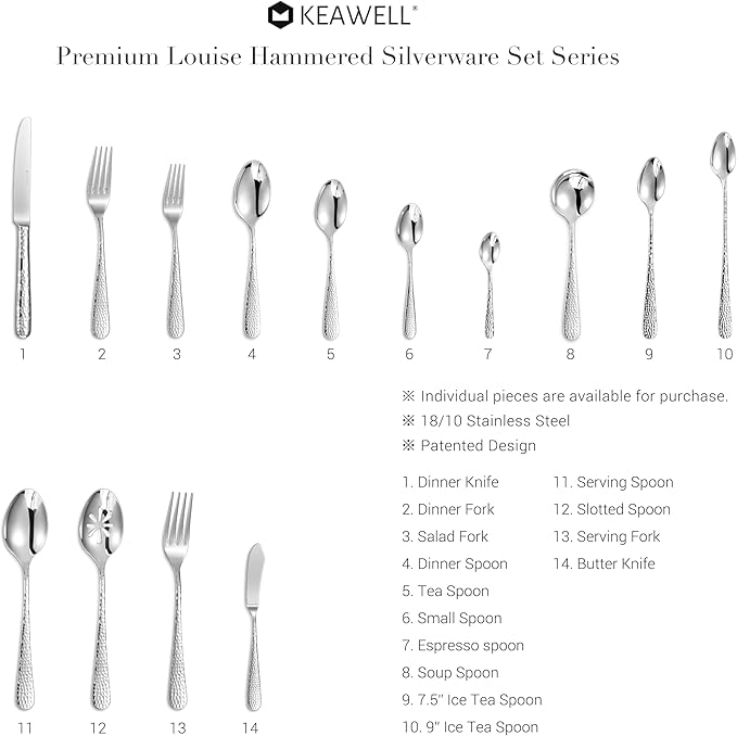 KEAWELL Premium 7" Louise Butter Knives: Set of 4, 18/10 Stainless Steel, Dishwasher Safe and Rust-Resistant (Hammered)
