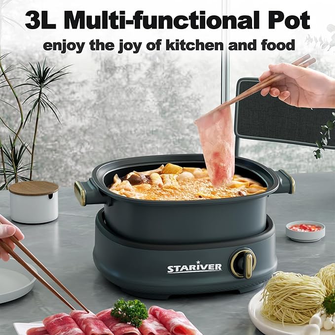 Stariver 3L Non-Stick Hot Pot Electric with Dual-Power Control,Electric Shabu Shabu Pot with Removable Pot, Electric Pot with Tempered Glass Lid for Party, Family Gathering(Golden)