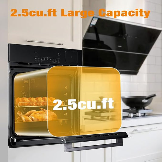 24" Built-in Single Wall Oven, 2.5 Cu.Ft (70L) Capacity - Electric Oven with Steam Bake, Air Fry & 3D Convection, Touch Controls, Timer, Safety Lock, Triple-Layer Glass Door, 3000W 240V, Black