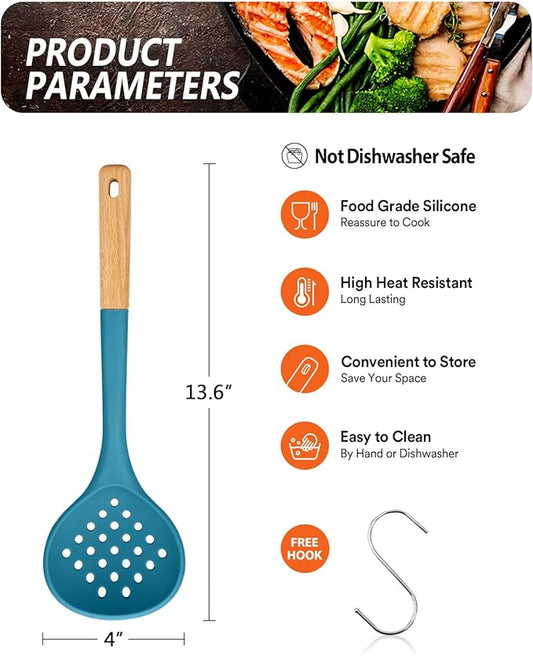 Kitchen Ladle Strainer, Large Slotted Spoon with High Heat Resistant BPA Free, Non Stick Cooking Skimmers For Draining & Frying, 13.2inch (Blue)