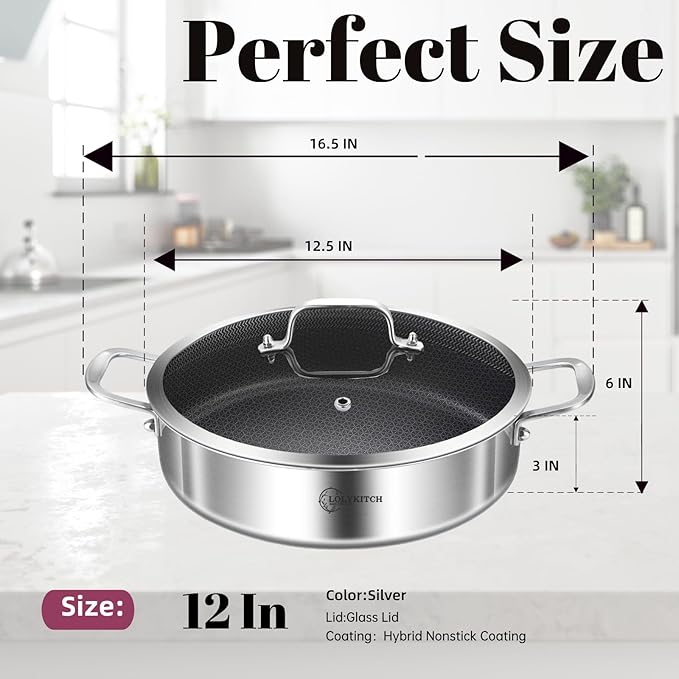 LOLYKITCH 6 QT Tri-Ply Stainless Steel Non-Stick Sauté Pan with Lid,12 Inch Deep Frying Pan,Large Skillet,Jumbo Cooker,Induction Cooking Pan,Heavy Duty and Oven Safe.