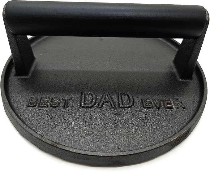 BEST DAD EVER Heavy Duty Cast Iron Grill Press Burger Press Bacon Press Barbecue Press Meat Press Burger Smasher Griddle Press Round Garlic Press with Anti Scalding Wooden Handle Gifts for Dad(7”)
