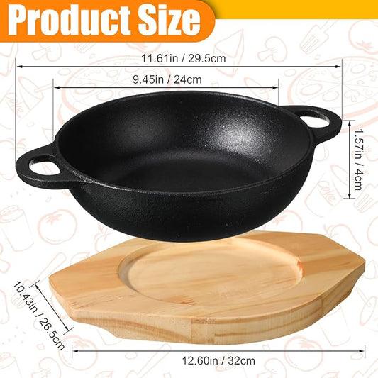 2 Sets Mini Cast Iron Skillet with Wooden Base Small Cast Iron Plates Skillet Pan Round Fajita Plate Hot Steak Pot Dish for Baking Cooking (9.45 Inch)