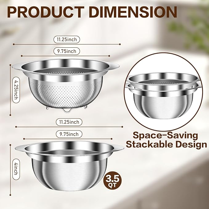 3.5QT Colander with Bowl, Strainers and Colanders, Stainless Steel Colander for Kitchen, Kitchen Strainer for Pasta Fruits Vegetables, Draining, Soaking, Prep Food, Dishwasher Safe, Silver