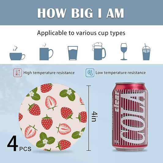 Coasters for Drinks,Strawberry Fruit Strawberries Pink Absorbent Coaster Set of 4 with Cork Base,Ceramic Drink Coasters for Cold Drinks Wine Glasses Cups Mugs,Housewarming Gifts for Home Decor