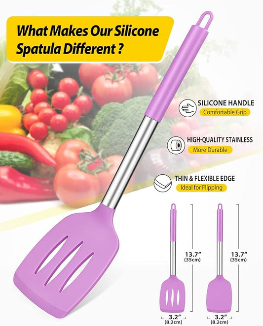 Pack of 2 Silicone Solid Turner, Non Stick Slotted Kitchen Spatulas, High Heat Resistant BPA Free Cooking Utensils, Ideal Cookware for Fish, Eggs, Pancakes(Purple)