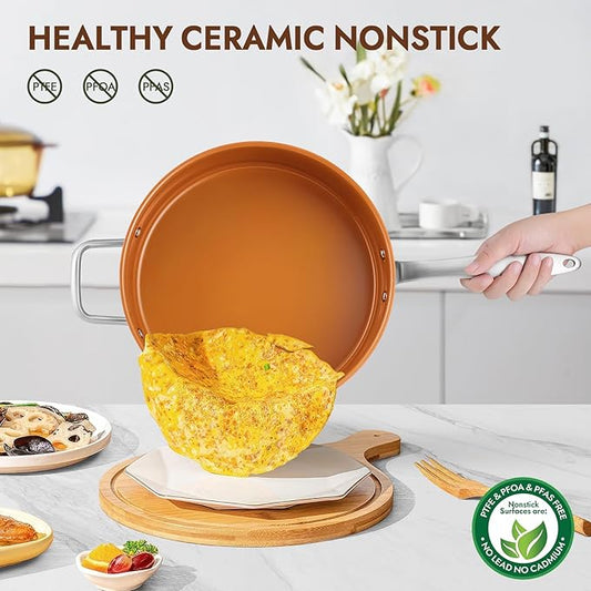 duxtop pro Ceramic Saute Pan with Lid, 5.5QT Nonstick Frying Pan without PFAS, PTFE, or PFOA, Stainless Steel Base Deep Skillet for All Cooktops, Oven & Dishwasher Compatible