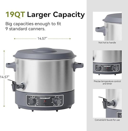 MOOSUM 19 QT Electric Automatic Water Bath Canner With Rack and Lid, Temperature Control 86-212 °F, Timer 20-120 Min, Keep Warm Function, Overheating Protection, Silver