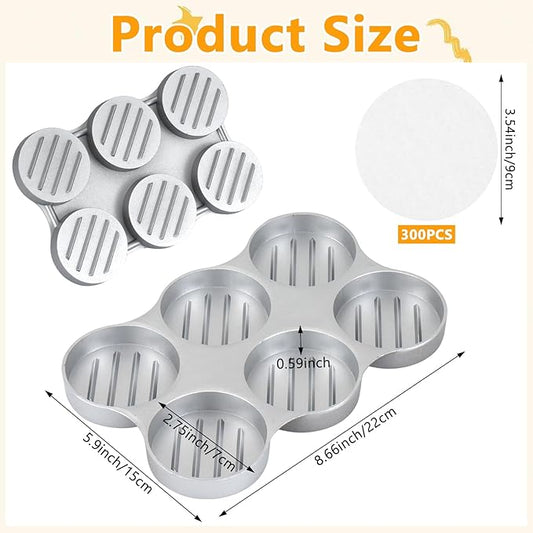 Mini Burger Press Small Meat Patty Maker with 300 Patty Papers Round Shape Press Patty Maker for Mini Hamburger, Barbecue, Picnic, Camping, Six 2.64-inch Slots