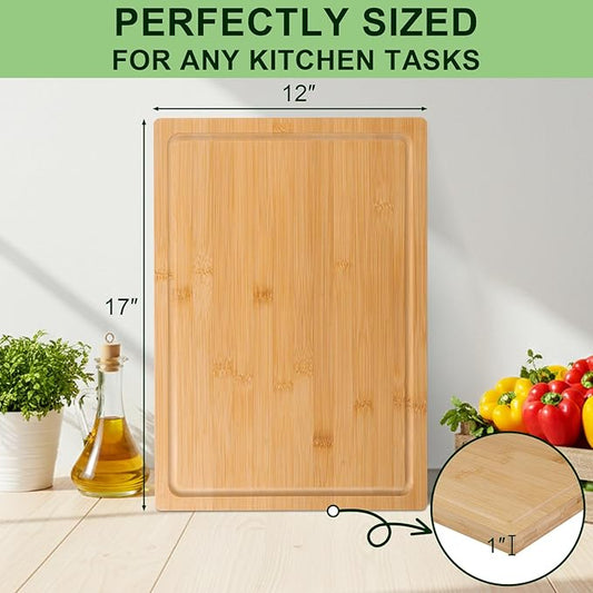 Tafopue Bamboo Cutting Board for Kitchen, Thickened Chopping Board with Juice Groove & Handles, Large Double Sided Butcher Block for Meat, Vegetables & Charcuterie Serving, 17x12x1 Inch