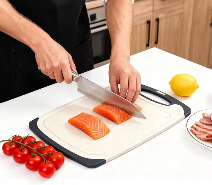 Cutting Board for Kitchen, Non Slip Chopping Board with Juice Grooves for Meat, Veggies, Space-Saving, Dishwasher Safe, Durable Kitchen Essential (Wheat)