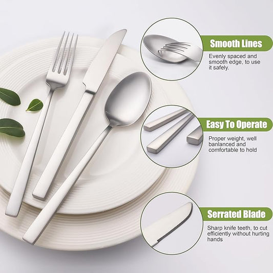 Forged Silverware Set for 8, 40-Piece Stainless Steel Matte Satin Finish Flatware Set Silverware Cutlery Set Tableware Modern Kitchen Utensils Set for Home Restaurant, Dishwasher Safe