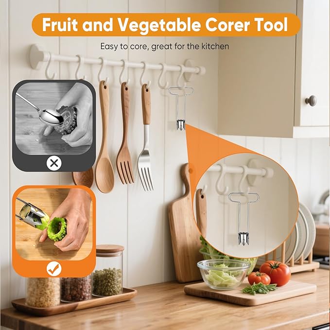 Red Bell Pepper Seed Corer - Fruit Vegetable Stem Remover for Pepper Pineapple Pear Apple Tomato, 304 Stainless Steel Rust Resistant, Easy to Use & Clean Kitchen Gadgets Tool (1 Set)