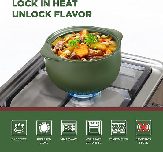 MINH LONG 1-Qt Porcelain Dutch Oven with Lid – Lead & Cadmium Free, Oven Safe to 482°F, Heat Retention, Clay Pot for Cooking on Gas & Infrared Cooktop, Use to Marinate, Cook, Bake, Refrigerate & Serve