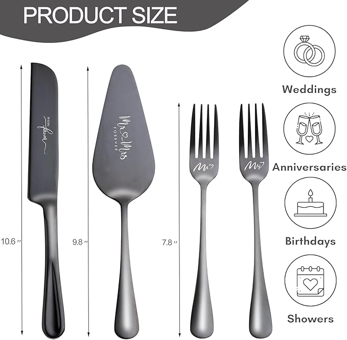 Wedding Cake Knife and Server Set, Cake Cutting Set for Wedding, 4 Pieces Cake Pie Sever set and Forks, Wedding Gifts, Bridal Shower Gifts for Couples (Black)