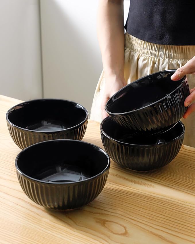HASENSE 7 Inch Large Serving Bowls Set of 4, 42 Oz Black Ceramic Salad Bowl for Kitchen,Modern Ribbed Porcelain Dishes for Entertaining,Soup,Pho,Pasta,Cereal, Noodle - Dishwasher & Microwave Safe