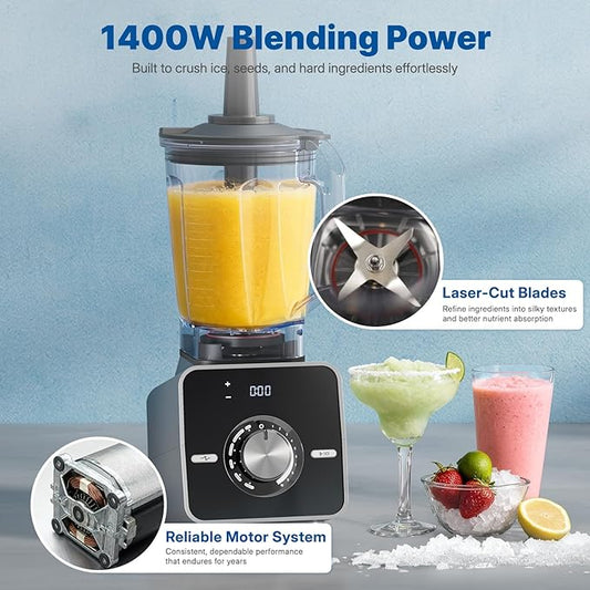 BlendTide Home Blender, 1400W High-Speed Blender for Ice Crushing Power, Stainless Steel Blades, Kitchen Timer, 10 Speeds, 6 Programs for Smoothies, Frozen Drinks, Self-Cleaning, 64oz Bulk Production