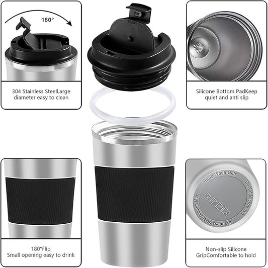 YINBAOGE Insulated Travel Coffee Mug, Spill & Leak Proof, Portable To Go Camping Stainless Steel Coffee Tumbler, Reusable Thermal Coffee Cup with Lid for Hot & Cold Drinks(Silver black, 12 OZ)