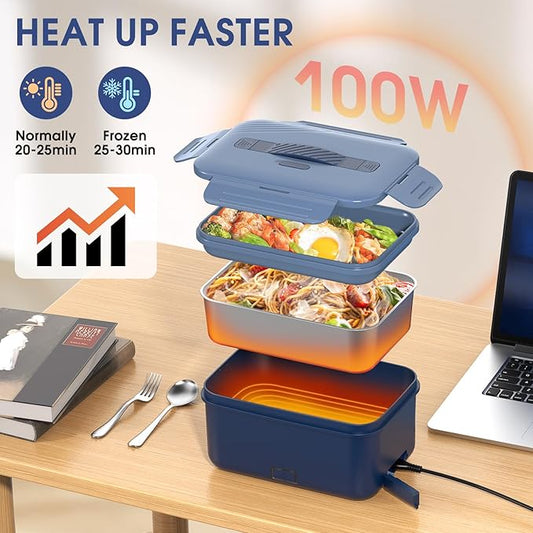 Electric Lunch Box Food Heater, 1.8L Portable Food Warmer 100W Leakproof Heated Lunch Box for Adults Car/Truck/Office with Fork Spoon Carry Bag, 12V/24V/110V