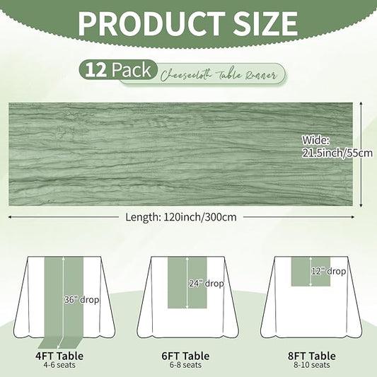 12 Pack Sage Green Cheesecloth Table Runner 10Ft, Gauze Table Runners 21.5 x 120 inch,Semi Sheer Cheese Cloth Fabric Runner Bulk for Wedding,Party,Baby Shower,Bridal Shower