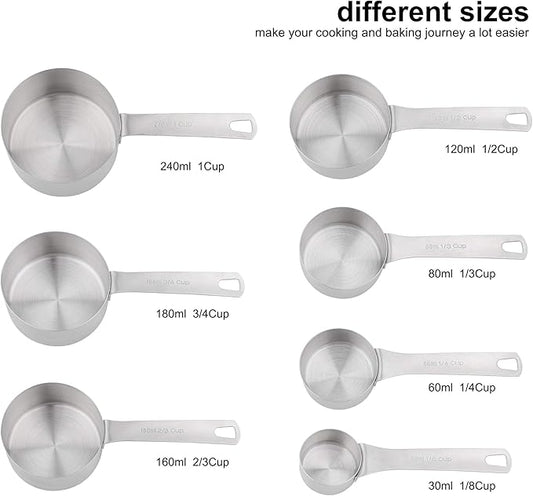 Smithcraft 18/8 Stainless Steel Measuring Cups and Spoons Set, Metric & US Metal Measure Cup and Spoon for Baking & Kitchen, Heavy Duty 7 Measuring Cups & 8 Spoons With Leveler