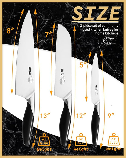 Chef Knife Set 3-Piece, German 1.4116 Steel Chef Santoku & Utility Knives, Full Tang ABS Handle - Professional Kitchen Knife Set for Meat and Vegetable Preparation